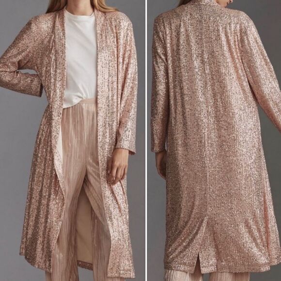 Anthropologie x Mare Mare Rose Gold Sequin Open Duster Sz XS NWT - Picture 1 of 16